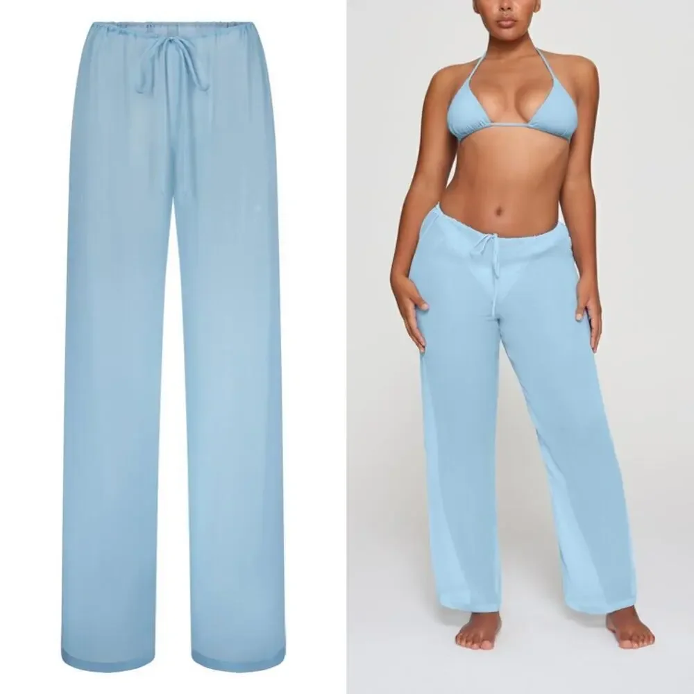 SKIMS Crinkle Silk Chiffon Cover Up Pants Drawstring Sheer Iris Blue NWT Size 4X